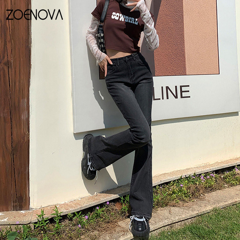 ZOENOVA Loving Appliques Stražnji džepovi Raw Hem Visoki struk Ravne Micro Flare Hlače Nove Y2K ženske ravne traperice širokih nogavica