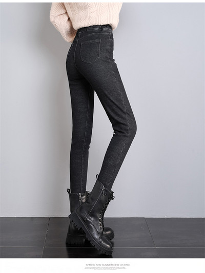 Talvised paksud sametised naiste kõrge vöökohaga kitsad teksad Lihtne fliis, soe, õhuke, veniv naiste vabaaja teksapüksid, naiste pliiatspüksid