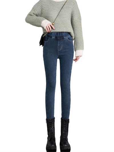 Talvised paksud sametised naiste kõrge vöökohaga kitsad teksad Lihtne fliis, soe, õhuke, veniv naiste vabaaja teksapüksid, naiste pliiatspüksid