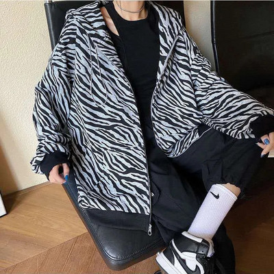 Γυναικεία Crop Top Γυναικεία Ρούχα 2023 Oversized Casual Hoodie Κορεατικού στυλ Vintage Ζέβρα Φούτερ με φερμουάρ και κουκούλα