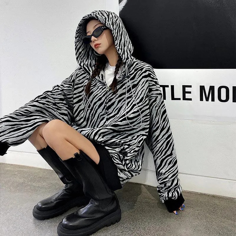 Γυναικεία Crop Top Γυναικεία Ρούχα 2023 Oversized Casual Hoodie Κορεατικού στυλ Vintage Ζέβρα Φούτερ με φερμουάρ και κουκούλα