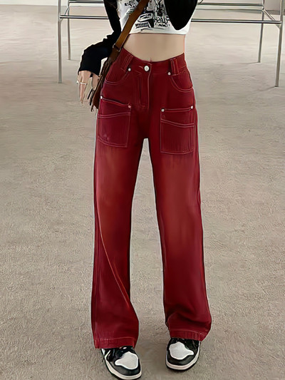 Γυναικεία Ψηλόμεση Y2k Vintage Πλυμένα ταλαιπωρημένα φαρδιά πόδι σφουγγάρισμα Τζιν παντελόνι American Casual φαρδύ ίσιο τζιν Μόδα Νέα