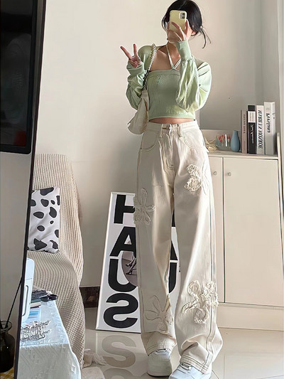 Γυναικείο λευκό vintage κέντημα τζιν Αγγλίας στυλ High Street Casual Harajuku Straight τζιν 2023 Trend Pantalones de Mujer