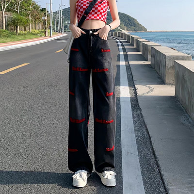 Αμερικανικό κέντημα με φαρδύ τζιν Γυναικείο Ανοιξιάτικο και Φθινόπωρο Ψηλόμεσο Παντελόνι Loosedraping Sense Drag Straight Leg Παντελόνι