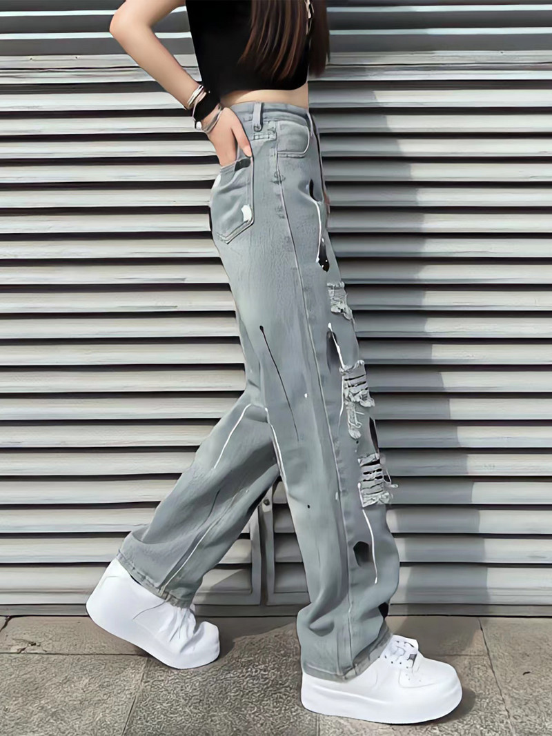 Y2k Ένδυση Γυναικεία Παντελόνια Πιτσιλωτά μελάνι Σχισμένα Τζιν Γκράφιτι Τρύπα Μόδα Φαρδιά ίσια φαρδιά παντελόνια 90s Vintage ρούχα