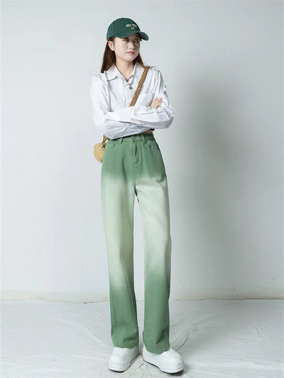 Zelene ženske traperice Gradijent široke traperice za žene visokog struka Ženske hlače Plave ravne traperice široke ženske hlače