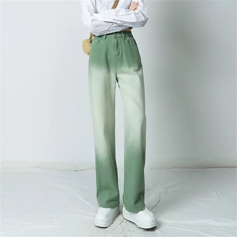 Zelene ženske traperice Gradijent široke traperice za žene visokog struka Ženske hlače Plave ravne traperice široke ženske hlače