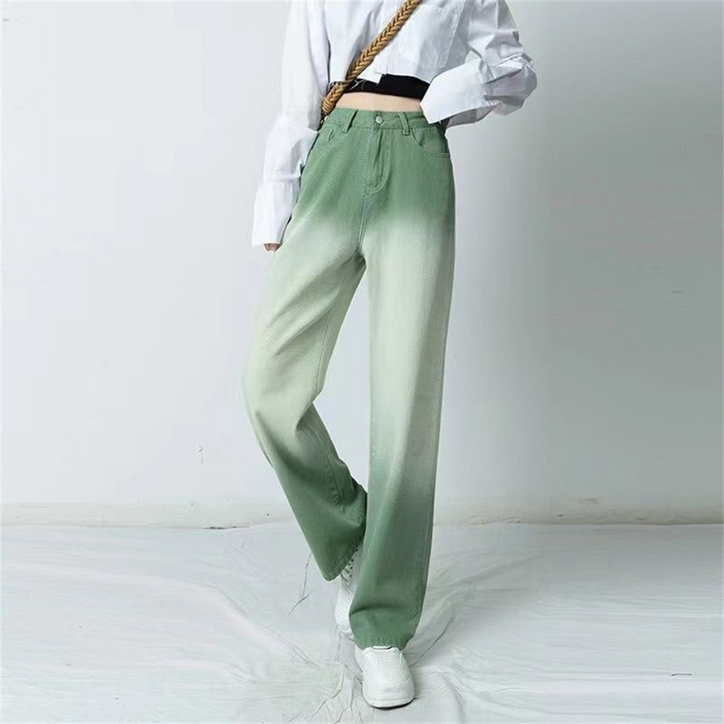 Zelene ženske traperice Gradijent široke traperice za žene visokog struka Ženske hlače Plave ravne traperice široke ženske hlače