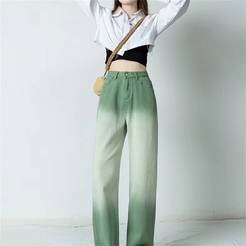 Zelene ženske traperice Gradijent široke traperice za žene visokog struka Ženske hlače Plave ravne traperice široke ženske hlače