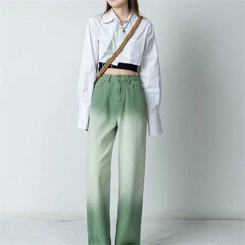 Zelene ženske traperice Gradijent široke traperice za žene visokog struka Ženske hlače Plave ravne traperice široke ženske hlače