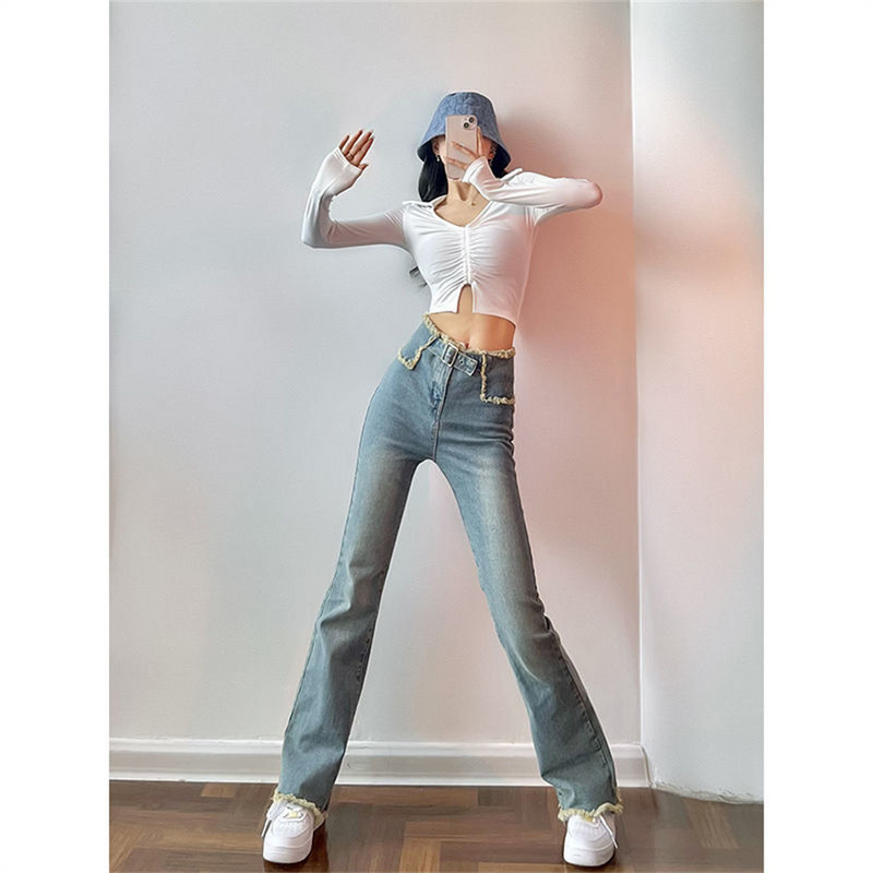 Lepršave traperice Ženske traper hlače visokog struka za žene Plave elastične uske modne klasične široke hlače mom jeans ženske hlače