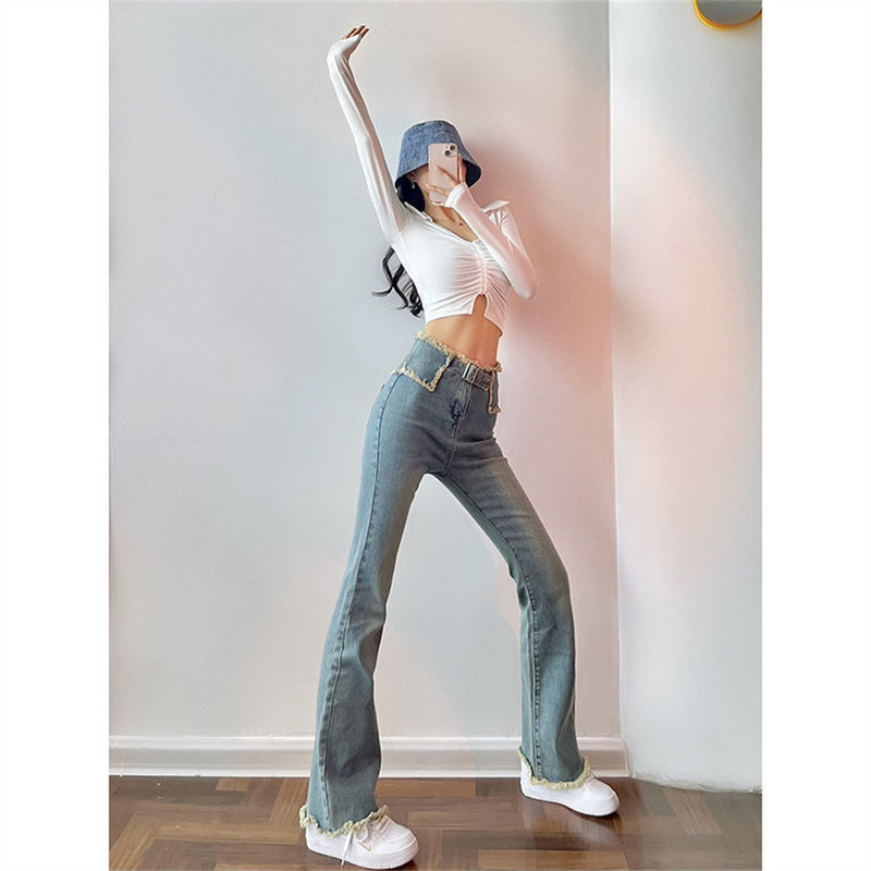 Lepršave traperice Ženske traper hlače visokog struka za žene Plave elastične uske modne klasične široke hlače mom jeans ženske hlače