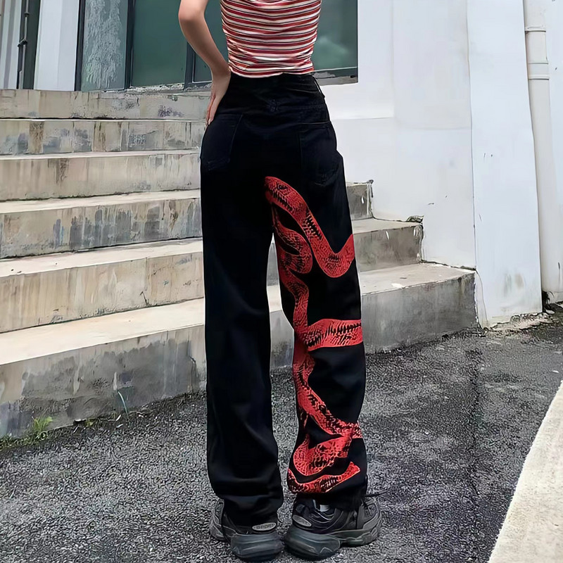 European and American Dark Snake Print Cool Girls Wide Leg Punk Harajuku Jeans Personality Streetwear Trend Γυναικεία παντελόνια
