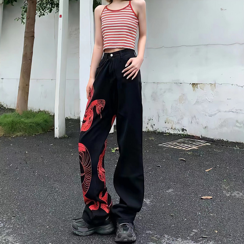 European and American Dark Snake Print Cool Girls Wide Leg Punk Harajuku Jeans Personality Streetwear Trend Γυναικεία παντελόνια