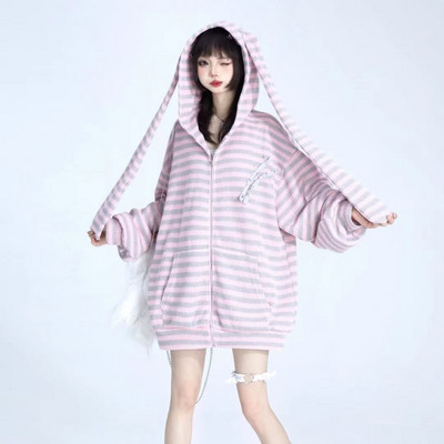 Φθινόπωρο 2023 Casual, χαριτωμένο γυναικείο φούτερ με κουκούλα με φερμουάρ Ζακέτα παλτό φαρδιά ρίγε κουνελιού αυτιά Kpop Kawaii Ρούχα Y2k