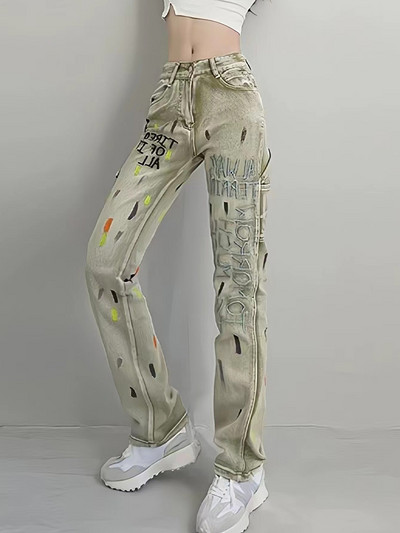 2023 Νέο Y2K Hot Girl Κεντημένο με πιτσιλιά με μελάνι Μόδα Τζιν Αμερικανικά streetwear Φαρδιά ίσια ρετρό παντελόνια Αστείο στυλ