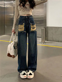 Vintage Blue Jeans Casual Wide Leg High Street Pocket Hole Tide Chic Fashion Niche Παντελόνι 2023 Νέο ίσιο γυναικείο παντελόνι Y2k