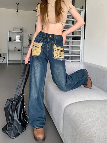 Vintage Blue Jeans Casual Wide Leg High Street Pocket Hole Tide Chic Fashion Niche Παντελόνι 2023 Νέο ίσιο γυναικείο παντελόνι Y2k