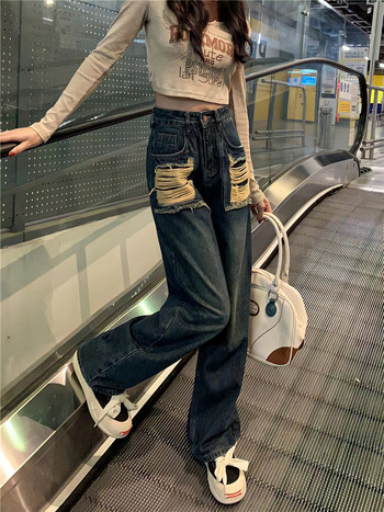 Vintage Blue Jeans Casual Wide Leg High Street Pocket Hole Tide Chic Fashion Niche Παντελόνι 2023 Νέο ίσιο γυναικείο παντελόνι Y2k