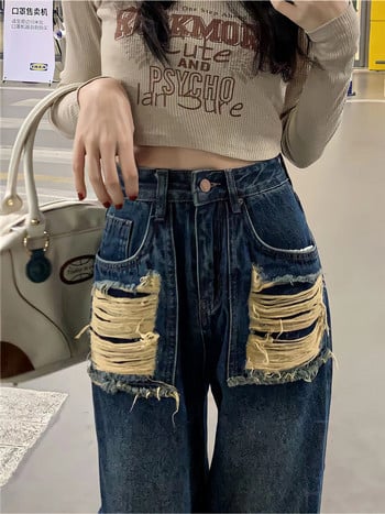 Vintage Blue Jeans Casual Wide Leg High Street Pocket Hole Tide Chic Fashion Niche Παντελόνι 2023 Νέο ίσιο γυναικείο παντελόνι Y2k