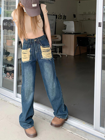 Vintage Blue Jeans Casual Wide Leg High Street Pocket Hole Tide Chic Fashion Niche Παντελόνι 2023 Νέο ίσιο γυναικείο παντελόνι Y2k