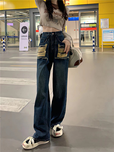 Vintage Blue Jeans Casual Wide Leg High Street Pocket Hole Tide Chic Fashion Niche Παντελόνι 2023 Νέο ίσιο γυναικείο παντελόνι Y2k
