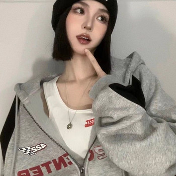 HOUZHOU Vintage Oversize Zip Up Hoodies Дамско улично облекло Корейска мода Harajuku Суичър с качулка Baddie Clothes Graphic Hoodie