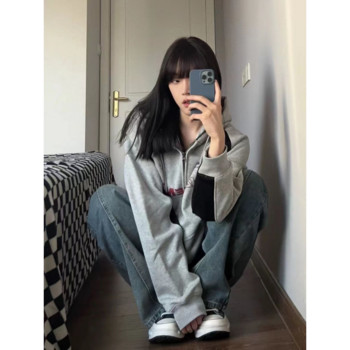 HOUZHOU Vintage Oversize Zip Up Hoodies Дамско улично облекло Корейска мода Harajuku Суичър с качулка Baddie Clothes Graphic Hoodie