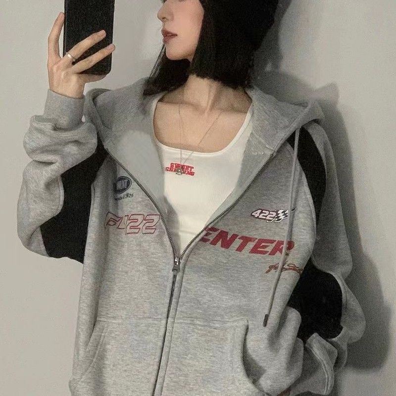 HOUZHOU Vintage Oversize Zip Up Hoodies Γυναικεία streetwear Κορεατικής μόδας Φούτερ Harajuku με κουκούλα Baddie Ρούχα γραφικό φούτερ