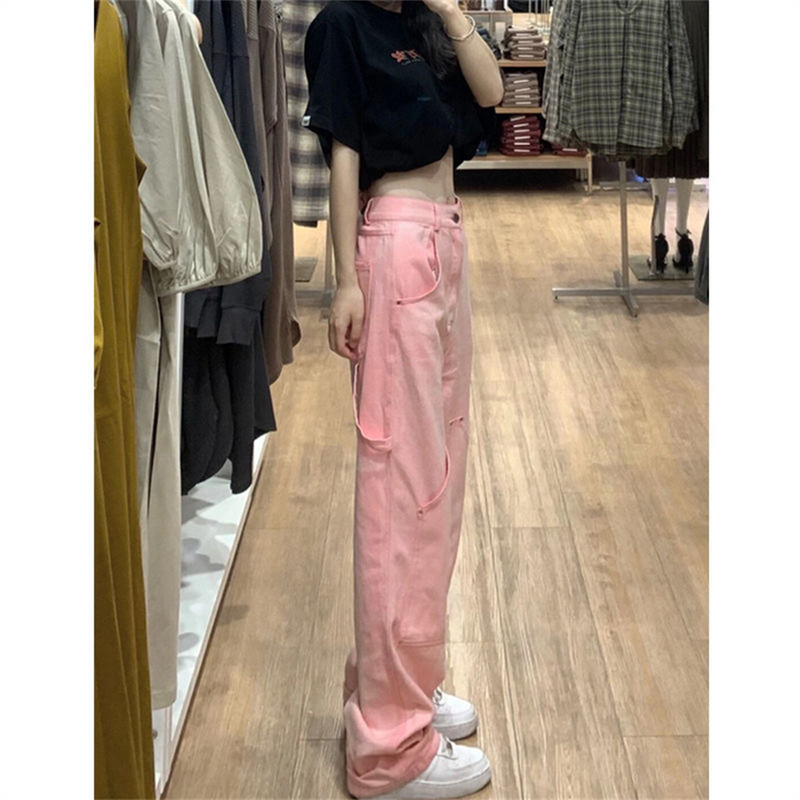 Ružičaste hlače širokih nogavica Ženske traperice Jesen Zima Traper hlače s ravnim strukom s visokim strukom Jesen 2022. Ležerna odjeća za visoke ulice