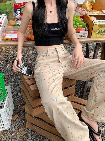 Μεγάλο μέγεθος Γυναικείο ίσιο τζιν Μικρό τζιν παντελόνι με στάμπα λουλουδιών Y2k Νέο φαρδύ γυναικείο μοντέρνο μακρύ παντελόνι