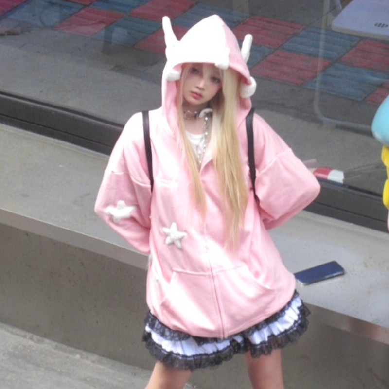 Deeptown Kawaii Hoodies Ιαπωνικά Y2k Star Girl Pink Harajuku Gothic Angel Φούτερ με φερμουάρ Oversize Cutecore μπλούζες Lolita