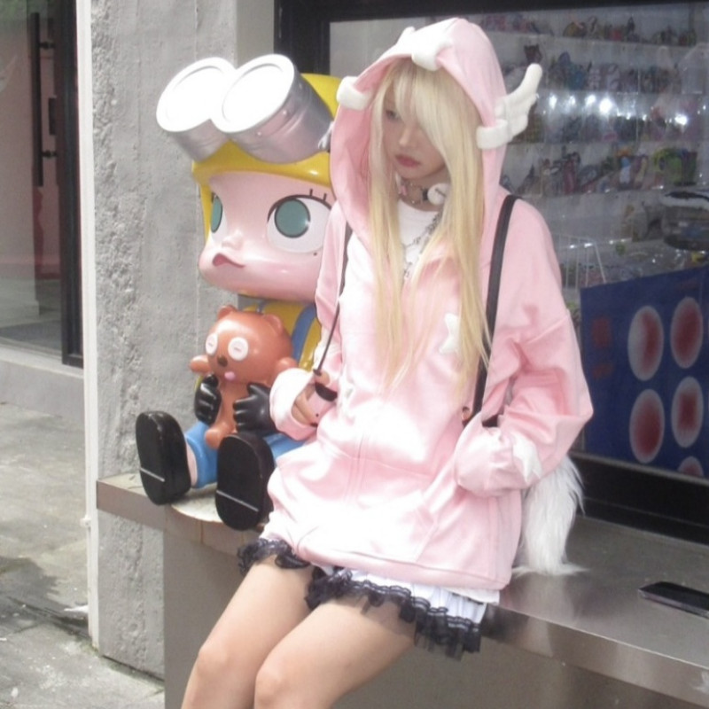 Deeptown Kawaii Hoodies Ιαπωνικά Y2k Star Girl Pink Harajuku Gothic Angel Φούτερ με φερμουάρ Oversize Cutecore μπλούζες Lolita