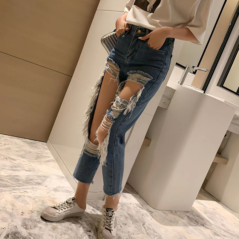 Naiste XXXL teksapüksid isikupära tänavastiilis, pestud augud, mood, seksikad õõnsad naiste püksid 2023Y2k vanad vabaaja püksid