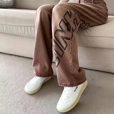 Streetwear Y2k Κορεατικής μόδας Υπερμεγέθη τζιν Γυναικεία Vintage φαρδιά ψηλόμεσα ίσια παντελόνια γκράφιτι απλικέ Τζιν παντελόνι