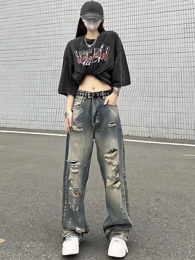 Naiste lõhkised teksad lahtised laiad püksid Y2k uued pestud sirged püksid Korea retro tänavastiilis teksapüksid naiste teksad