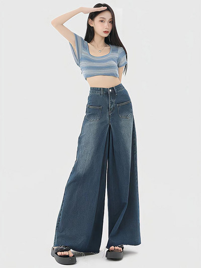Τζιν Γυναικεία Vintage Φαρδιά Ψηλόμεση Streetwear Κομψά με φαρδύ πόδι Κορεάτικο στυλ Μόδα All-Match Γυναικεία παντελόνια casual παντελόνια