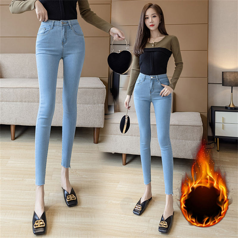 Zimske debele baršunaste ženske traperice visokog struka uske traperice jednostavne flis tople uske rastezljive ženske ležerne traper hlače