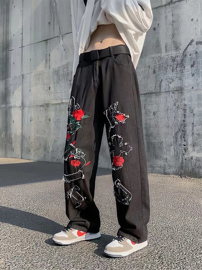 Νέο γράμμα ροζ κέντημα τζιν Y2k 90s Casual, φαρδύ, γυναικείο παντελόνι Harajuku, παλιό vintage παντελόνι σε στυλ ζευγαριού