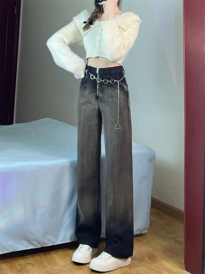 Γυναικείο παντελόνι ίσιο τζιν Γυναικείο ψηλόμεσο λεπτό φαρδύ φθινοπωρινό χειμωνιάτικο παντελόνι Casual split Washed Mom Fashion Παντελόνι