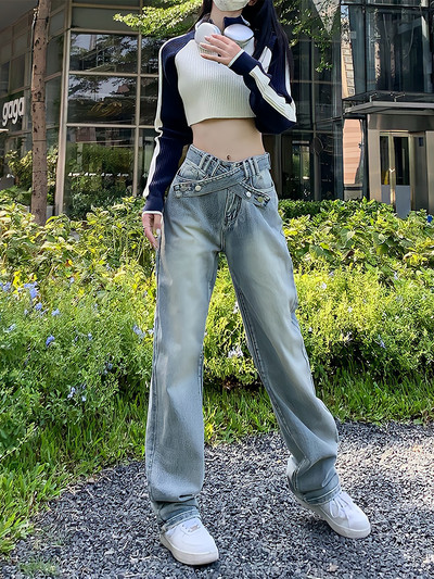 Y2K American Retro Cross Ζώνη Ανοιχτό μπλε τζιν 2023 Νέα γυναικεία χαμηλή μέση streetwear Φαρδύ παντελόνι παντελόνι παντελόνι παντός αγώνα