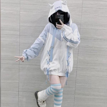 2023 НОВО Harajuku Zip Up Hoodie за жени Watercolor Causal Fashion Oversize Outwear Bandage Japanese Y2k Tops 2023 НОВО