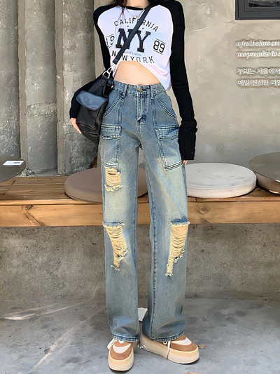 Νέο All-Match Y2k ταλαιπωρημένες γυναίκες με σπασμένη τρύπα Τζιν Vintage ίσια μόδα Harajuku Streetwear Τζιν παντελόνι πλυμένο παντελόνι