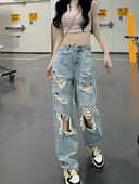 Streetwear Ravne hlače Ženske poderane traperice srednjeg struka Široke hlače širokih nogavica Ženske traperice Ljetne Y2K Vintage isprane hlače