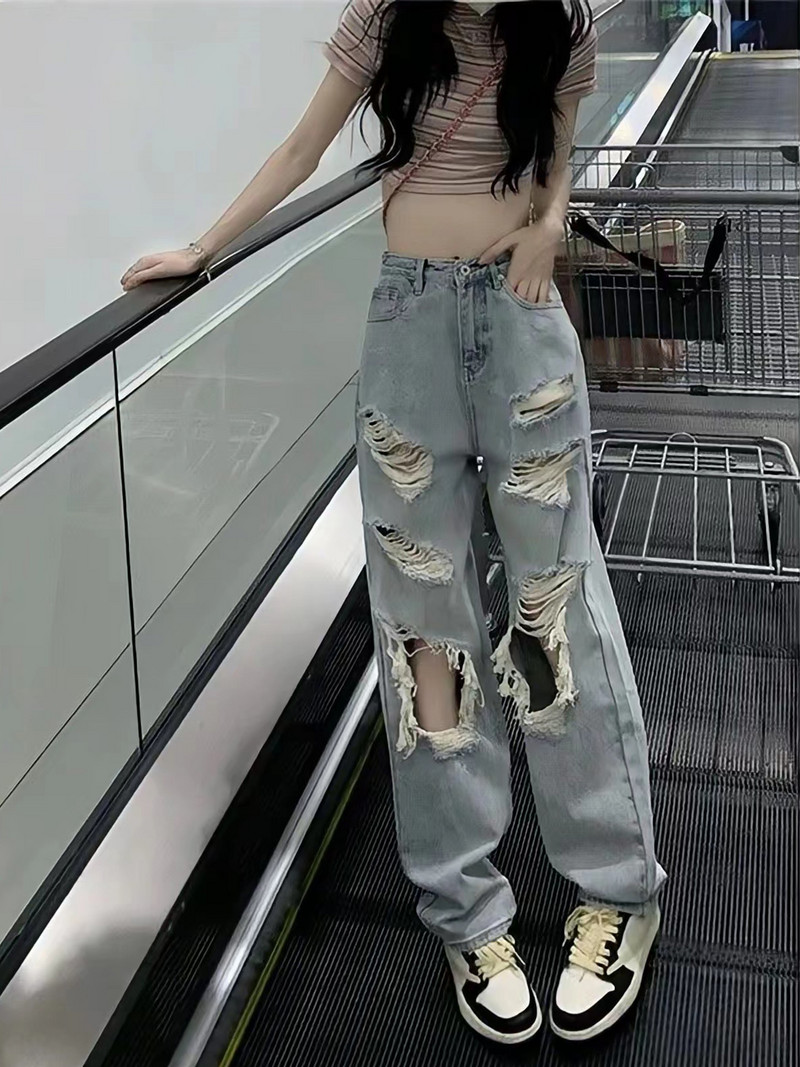 Streetwear Ravne hlače Ženske poderane traperice srednjeg struka Široke hlače širokih nogavica Ženske traperice Ljetne Y2K Vintage isprane hlače