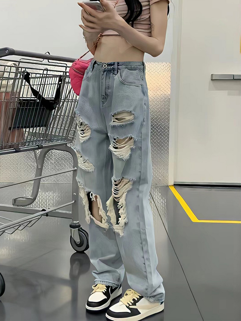 Streetwear Ravne hlače Ženske poderane traperice srednjeg struka Široke hlače širokih nogavica Ženske traperice Ljetne Y2K Vintage isprane hlače