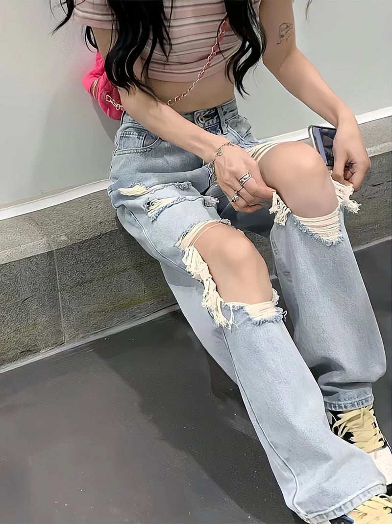 Streetwear Ravne hlače Ženske poderane traperice srednjeg struka Široke hlače širokih nogavica Ženske traperice Ljetne Y2K Vintage isprane hlače