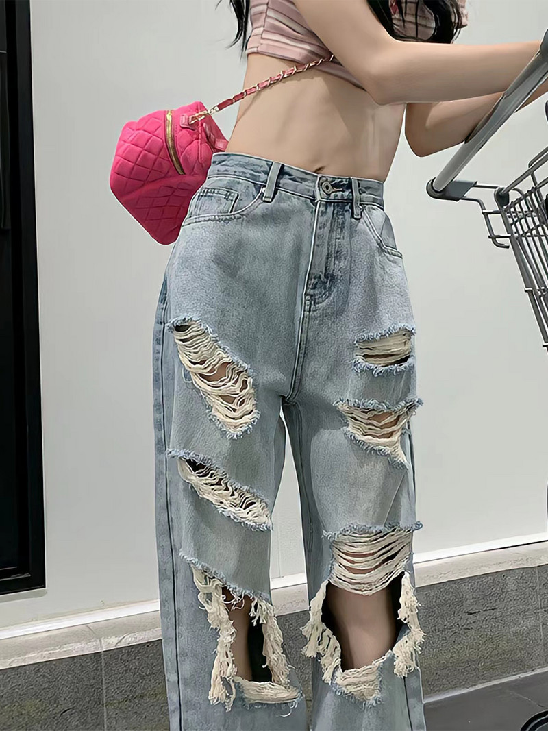 Streetwear Ravne hlače Ženske poderane traperice srednjeg struka Široke hlače širokih nogavica Ženske traperice Ljetne Y2K Vintage isprane hlače