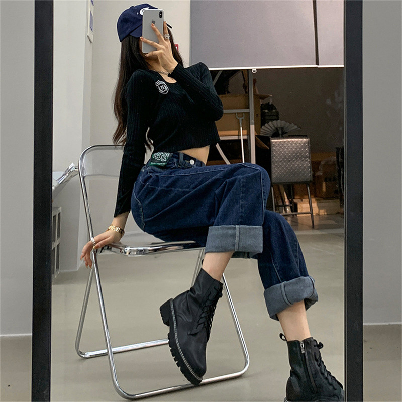 Vintage μαύρα γυναικεία τζιν ψηλόμεση μόδα Κορεατικά streetwear με φαρδύ πόδι Γυναικείο τζιν παντελόνι ίσιο φαρδύ παντελόνι μαμά Mokijins