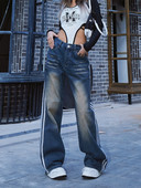 90s Grinding White Straight Παντελόνι γοτθικού στυλ Streetwear Y2k Vintage μόδας με ριγέ τζιν παντελόνι Γυναικεία τζιν σφουγγαρίσματος